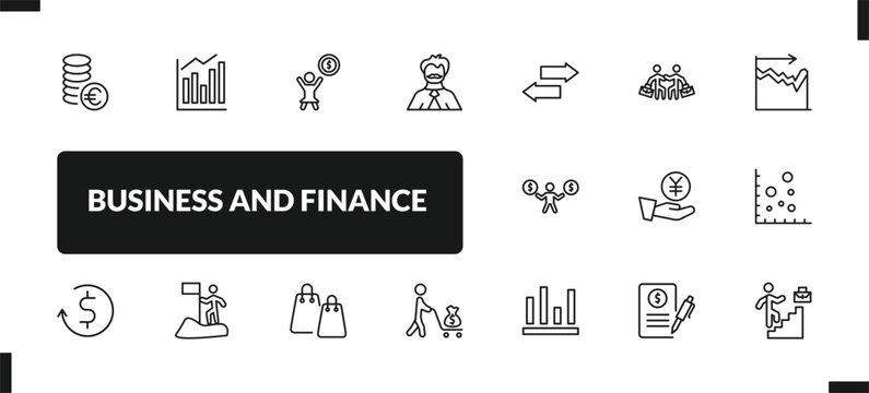 outline business and finance icons set. editable linear measure success, woman holding big coin, man with moustach, and other 14 icons in this category isolated on transparent background.