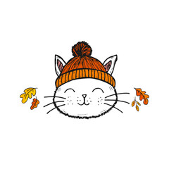 Doodle cartoon of a smiling cute cat head wearing a warm hat with autumn leaves.