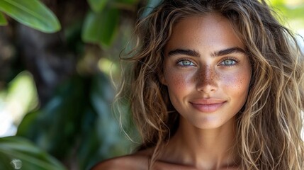 Fototapeta premium Beautiful Young Woman with Freckles Smiling Near Tropical Leaves