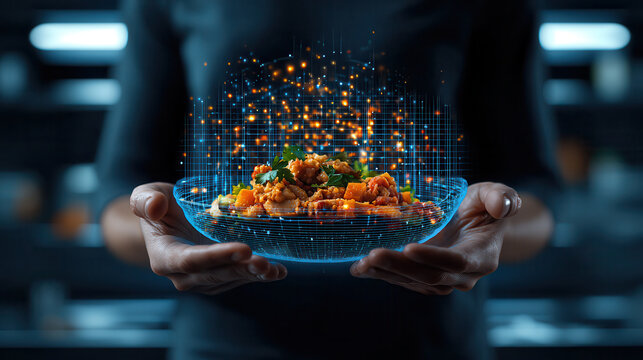 person holding holographic plate of food, showcasing vibrant dish with glowing elements. scene captures blend of technology and culinary art, evoking sense of innovation and creativity