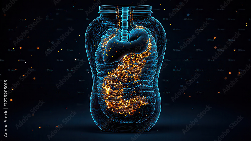 Poster high resolution hologram of x ray showing stomach and digestive system, illustrating intricate detai