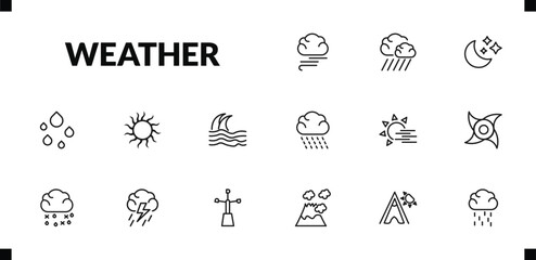 outline weather icons set. editable linear downpour, twilight, raindrops, and other 12 icons in this category isolated on transparent background.