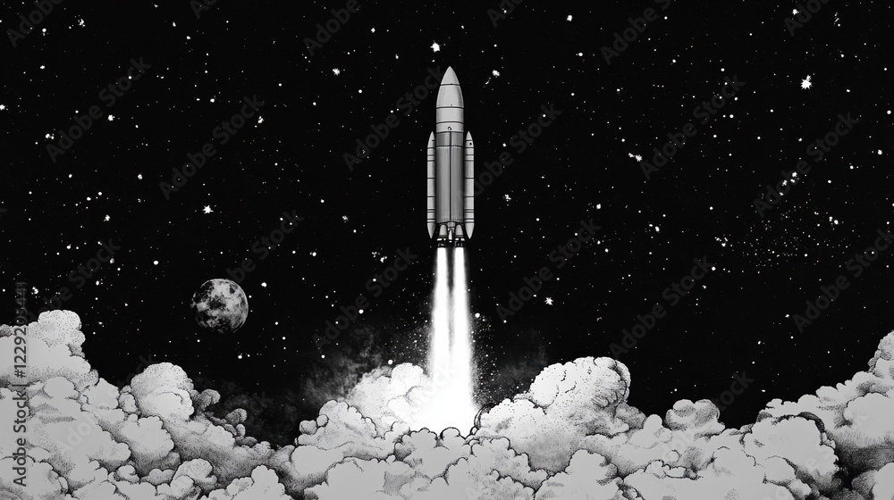 Poster a grayscale line drawing of a rocket launching into space, surrounded by stars and clouds.