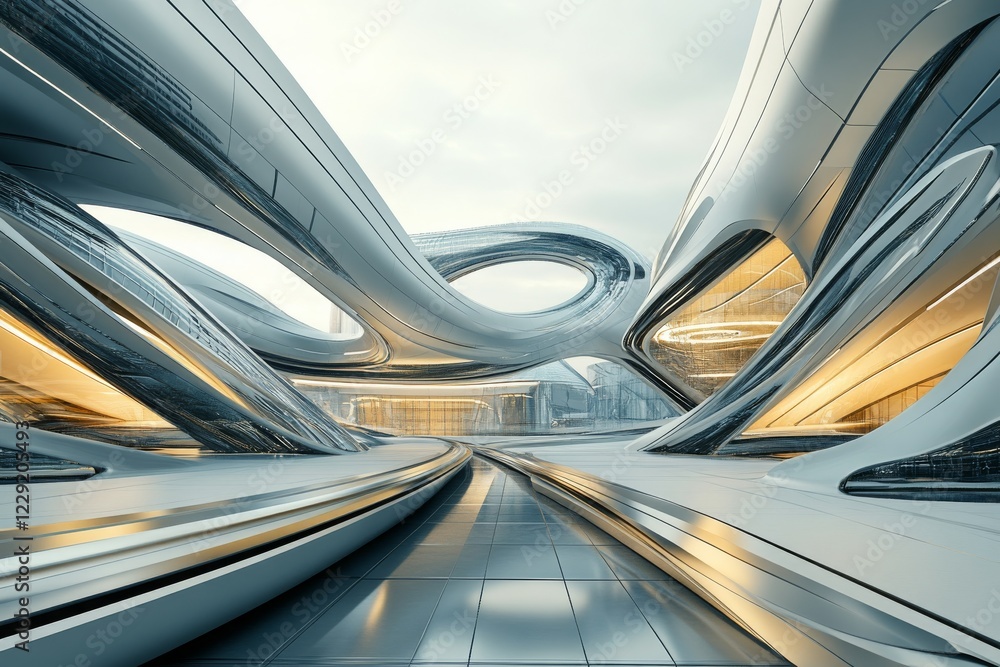 Poster futuristic architectural landscape featuring innovative design elements and fluid structures in a mi