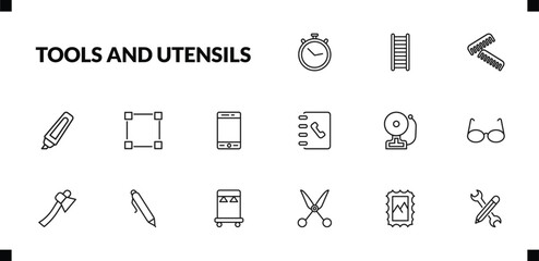 outline tools and utensils icons set. editable linear hanging ladder, combs, highlight, and other 12 icons in this category isolated on transparent background.