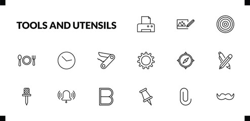 outline tools and utensils icons set. editable linear edit picture, target circles, dining, and other 12 icons in this category isolated on transparent background.