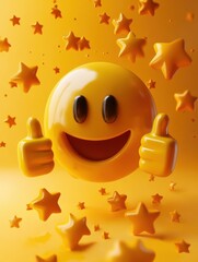 Smiley face surrounded by positive symbols, thumbs-up gestures, stars, and happy emoticons Feedback rating and customer satisfaction, positive experiences and reviews.