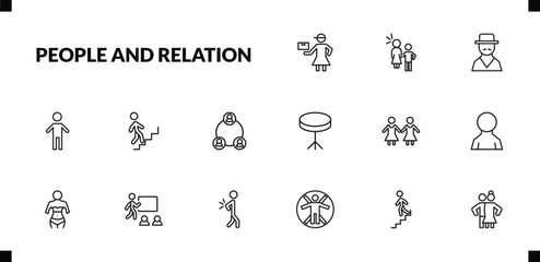 outline people and relation icons set. editable linear sexual harassment, spanish man, small boy, and other 12 icons in this category isolated on transparent background.