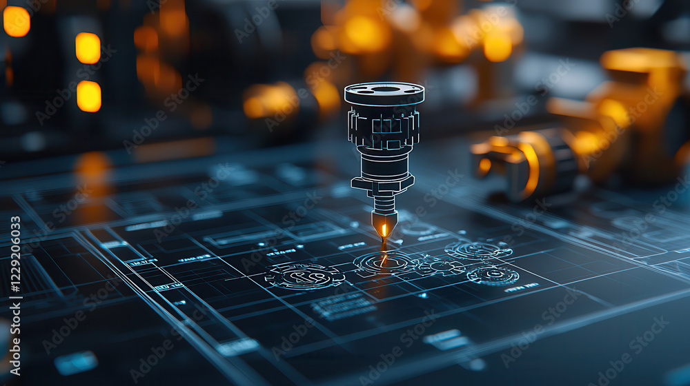 Fototapete High tech engineering blueprint with precision tool and gears. This showcases advanced technology and design, emphasizing innovation and precision in engineering