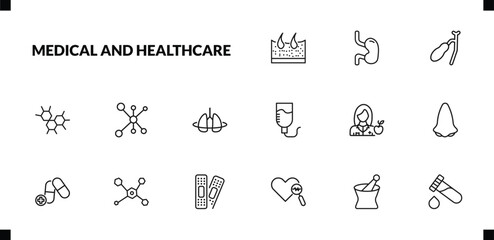 outline medical and healthcare icons set. editable linear esophagus, gallbladder, three hexagons cell, and other 12 icons in this category isolated on transparent background.