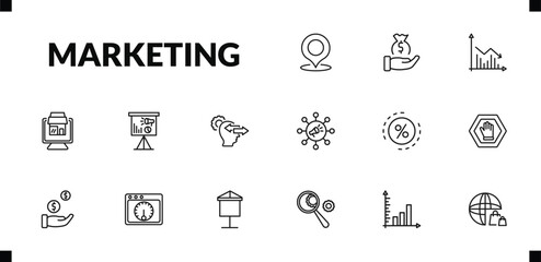 outline marketing icons set. editable linear get money, marketing graph, web package, and other 12 icons in this category isolated on transparent background.