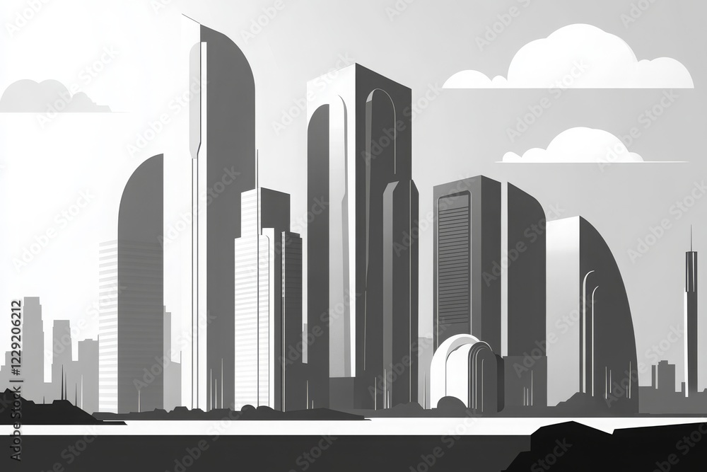 Poster modern minimalist city skyline in monochrome with abstract architecture and smooth curves against a 