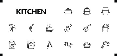 outline kitchen icons set. editable linear steamer, tablecloth, liquid soap, and other 12 icons in this category isolated on transparent background.