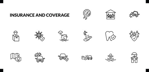 outline insurance and coverage icons set. editable linear family house, accident, delivery insurance, and other 12 icons in this category isolated on transparent background.
