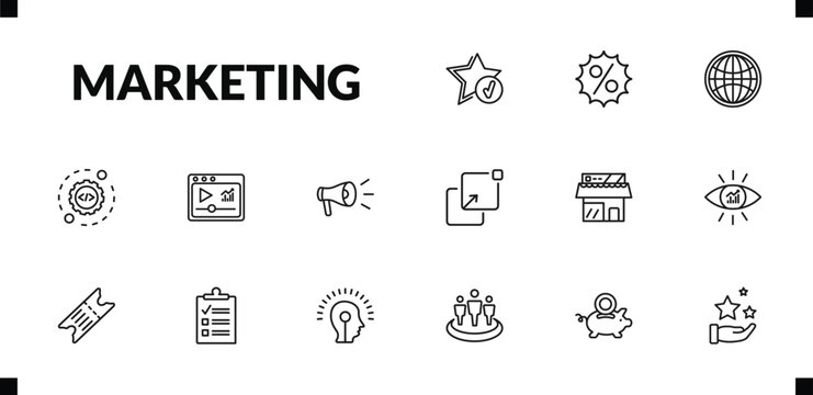 outline marketing icons set. editable linear offer, web graphic, configuration, and other 12 icons in this category isolated on transparent background.