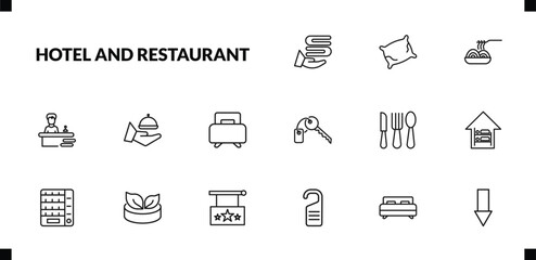 outline hotel and restaurant icons set. editable linear pillow, spaghetti, receptionist, and other 12 icons in this category isolated on transparent background.