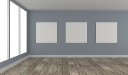 Three Mock up poster in a modern room with a wooden floor, 3d rendering