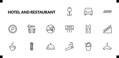 outline hotel and restaurant icons set. editable linear lounge, reserved, parking, and other 12 icons in this category isolated on transparent background.