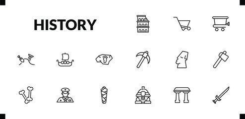 outline history icons set. editable linear wheelbarrow, cart, archaeological, and other 12 icons in this category isolated on transparent background.