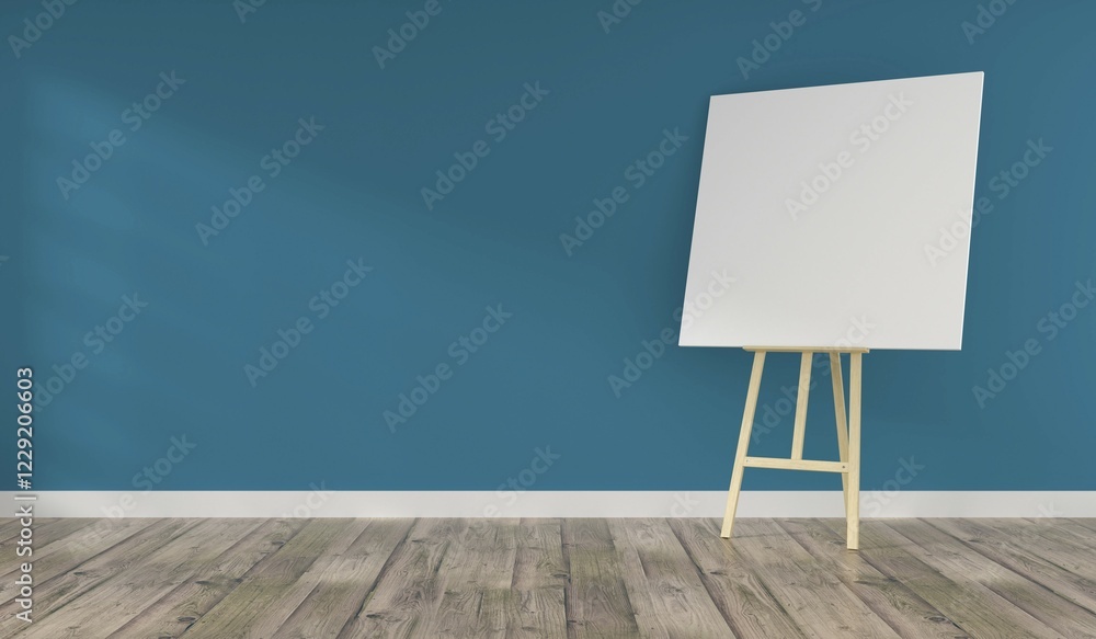 Aufkleber wooden easel with a blank canvas in a turquoise room with space for text on the wall, 3d rendering