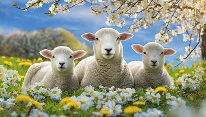 Fototapeta premium AI generated, animal, animals, mammal, mammals, biotope, habitat, three, one domestic sheep (Ovis aries), (Agnus dei)