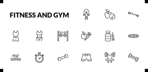 outline fitness and gym icons set. editable linear good diet, exercise bands, sport wear, and other 12 icons in this category isolated on transparent background.