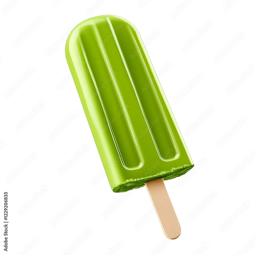 Poster a digitally rendered image shows a single lime green popsicle on a wooden stick against a black back