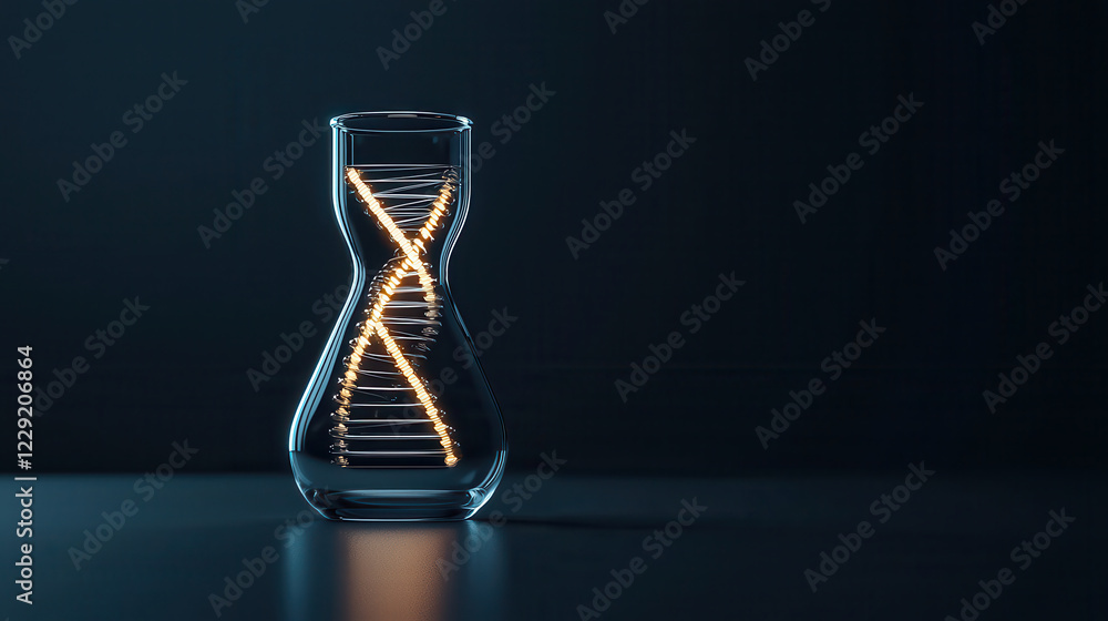 Poster glowing dna helix model inside glass container, symbolizing life and science. intricate design highl