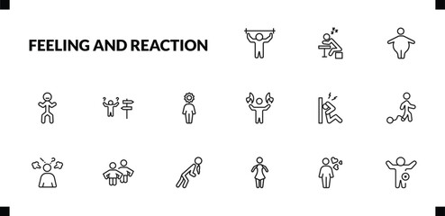outline feeling and reaction icons set. editable linear lazy human, fat human, determined human, and other 12 icons in this category isolated on transparent background.