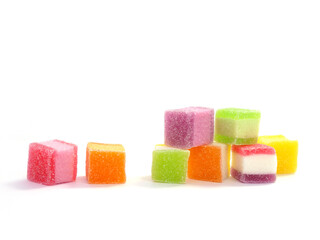 Square shape jelly candy isolated on white background, candy dessert colorful