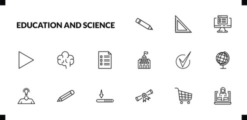 outline education and science icons set. editable linear square, online test, right triangle, and other 12 icons in this category isolated on transparent background.
