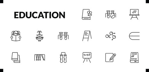 outline education icons set. editable linear experimentation, square root in class, reading book, and other 12 icons in this category isolated on transparent background.