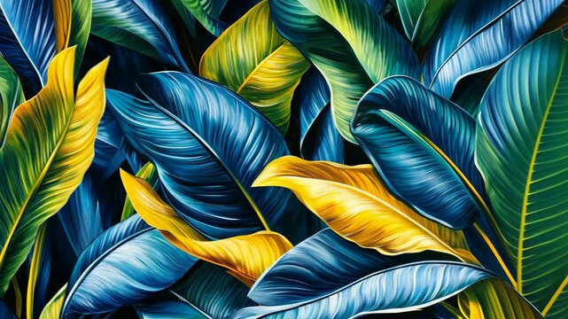 Colorful tropical leaves in rich shades of green and yellow create a vibrant natural composition