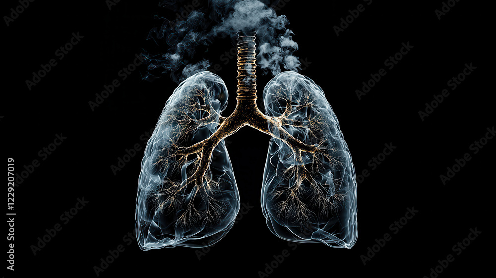 Poster realistic high resolution close up of human lung with smoke, showcasing intricate details and textur
