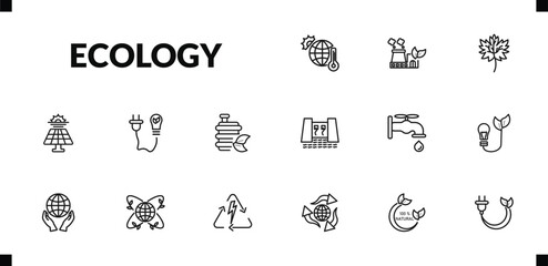 outline ecology icons set. editable linear sustainable factory, m leaf, solar energy, and other 12 icons in this category isolated on transparent background.