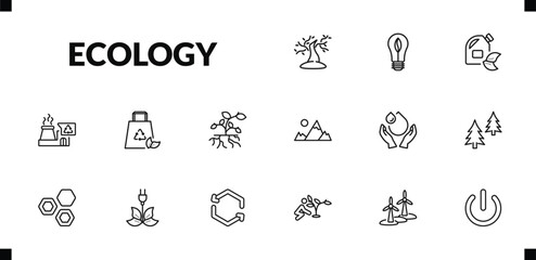 outline ecology icons set. editable linear eco light, biodiesel, recycling factory, and other 12 icons in this category isolated on transparent background.
