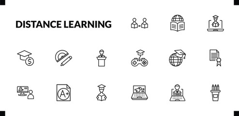 outline distance learning icons set. editable linear learning, online education, business education, and other 12 icons in this category isolated on transparent background.