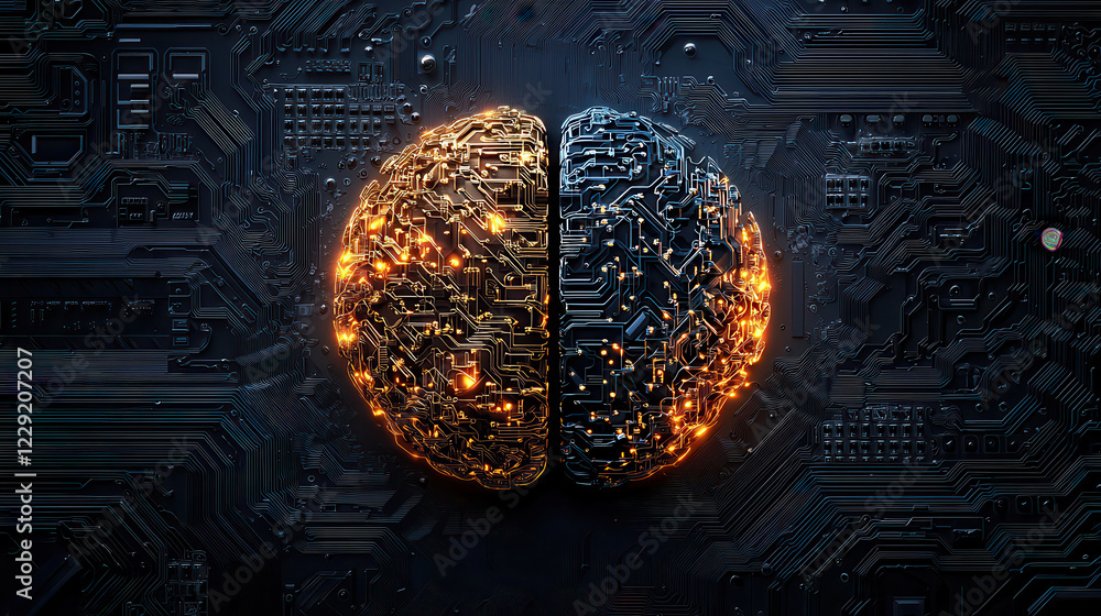 Leinwandbilder digital brain design with glowing circuits, symbolizing technology and intelligence. left side is dark, while right side shines with vibrant colors, representing innovation and creativity
