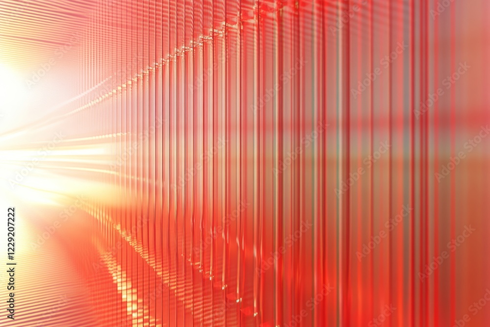 Poster abstract composition of light and colors featuring vibrant red hues, elongated lines, and a sense of