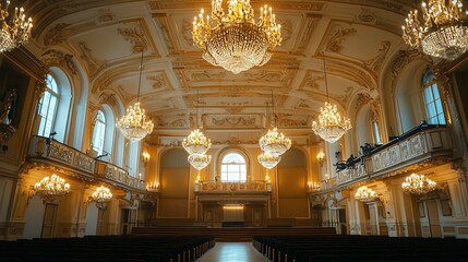 Obraz premium Grand Hall Interior With Gleaming Chandeliers And Ornate Details