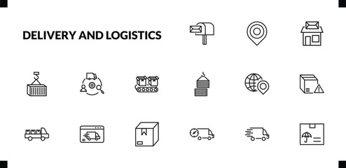 outline delivery and logistics icons set. editable linear arrival, post office, container, and other 12 icons in this category isolated on transparent background.