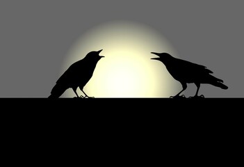 Two ravens, silhouette against the setting sun