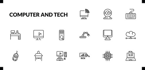 outline computer and tech icons set. editable linear webcamera, keyboard with cable, boss office, and other 12 icons in this category isolated on transparent background.