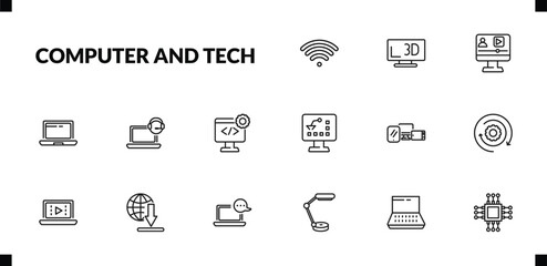 outline computer and tech icons set. editable linear 3d screen, video lecture, laptop computer screen, and other 12 icons in this category isolated on transparent background.