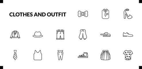 outline clothes and outfit icons set. editable linear collarless cotton shirt, platform sandals, leather biker jacket, and other 12 icons in this category isolated on transparent background.