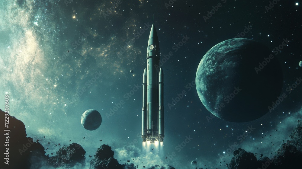 Poster retro rocket launch in space with planets and stars
