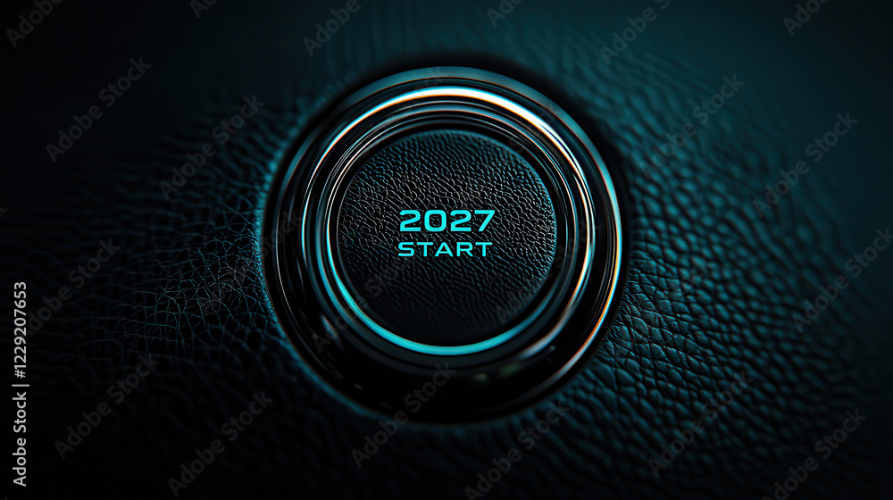 Poster sleek and modern car engine start button featuring text 2027 start, illuminated in vibrant blue hue 