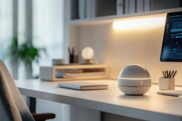 A desk with a computer and a lamp on it