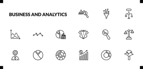 outline business and analytics icons set. editable linear funneling data, flow chart, wave chart, and other 12 icons in this category isolated on transparent background.