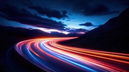 Speed and Motion Blur: Dynamic light trails paint a vibrant path along a winding road, set against a dramatic mountain landscape under a twilight sky.  The image conveys a sense of speed, journey.